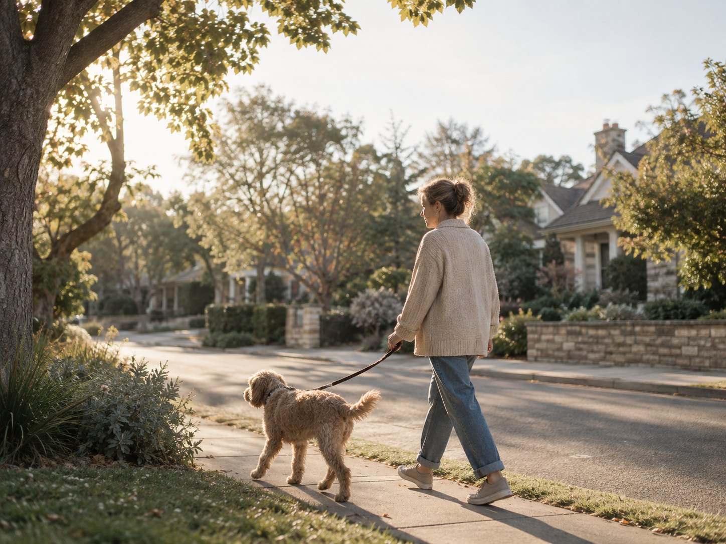 A woman walking her dog along a tree-lined street in low morning sun